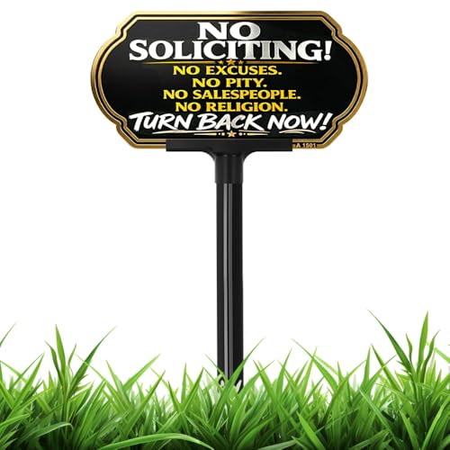 Image of Aggressive Funny No Soliciting Sign for House, 10 x 5 In Aluminum UV Printed Weatherproof Absolutely No soliciting Metal Sign with Adjustable 24 inch /37 inch Stake, Outdoor Yard Sign for Home and Front Door