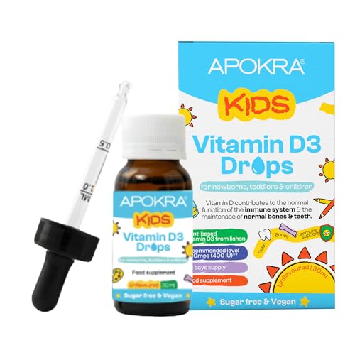 Vitamin D Drops Baby & Kids - Vegan - 60 Days Supply – 30mL – Preservative Free and Sugar Free Kids Vitamins - VIT D 400IU in MCT Oil - 10 micrograms per 0.5mL | APOKRA