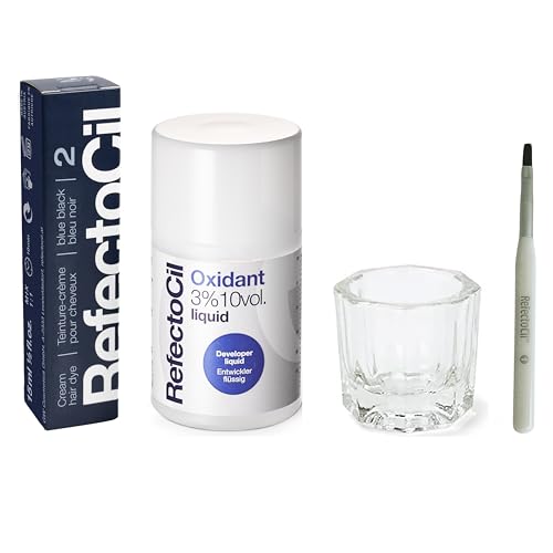 RefectoCil Blue Black (#2) Hair Tinting Kit Includes Cream Hair Dye + Mixing Brush & Mixing Dish