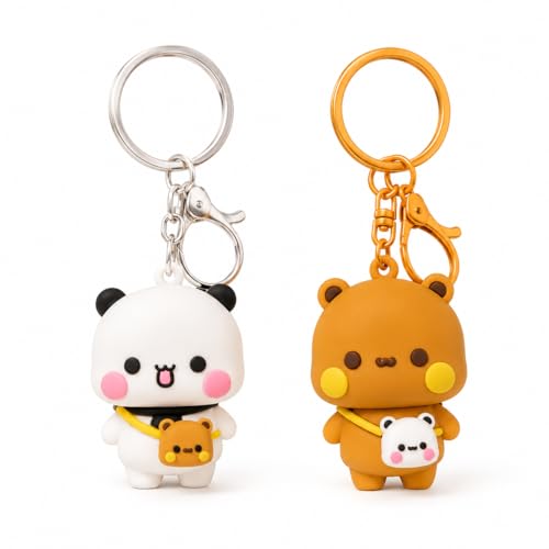 Image of Bubu Dudu Character Cute Keychains, 2PCS Kawaii Cartoon Statue Bears Panda Figurine Key Chains, Multicoloured, Unisex