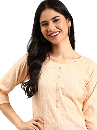 Image of SHOWOFFFF Women Woven Design Straight Ethnic Kurta | Round Neck 3 /4th Sleeves Cotton Kurta for Womens | Regular Fit Calf Length Kurta for Women's