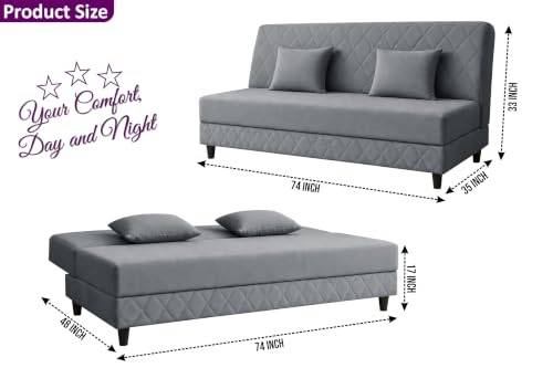 Image of Velvet Fabric Sofa Cum Bed | 3 Seater Sofa Bed | Premium Upholstered Folding Couch for Living Room, Guest Room & Bedroom | Quilted Backrest with 2 Cushions (Grey)
