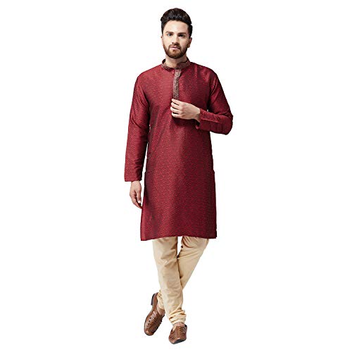 Image of SOJANYA (Since 1958 Mens Maroon Jacquard Silk Kurta and Black Churidaar Pyjama Set