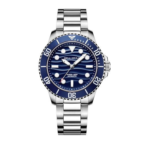 Seagull Automatische Taucheruhr für Herren, 200 m wasserdicht, mechanische Uhr, Saphirglas, 316L Edelstahl-Armband, Oktopus-Gravur, Gehäuseboden Blau 6203