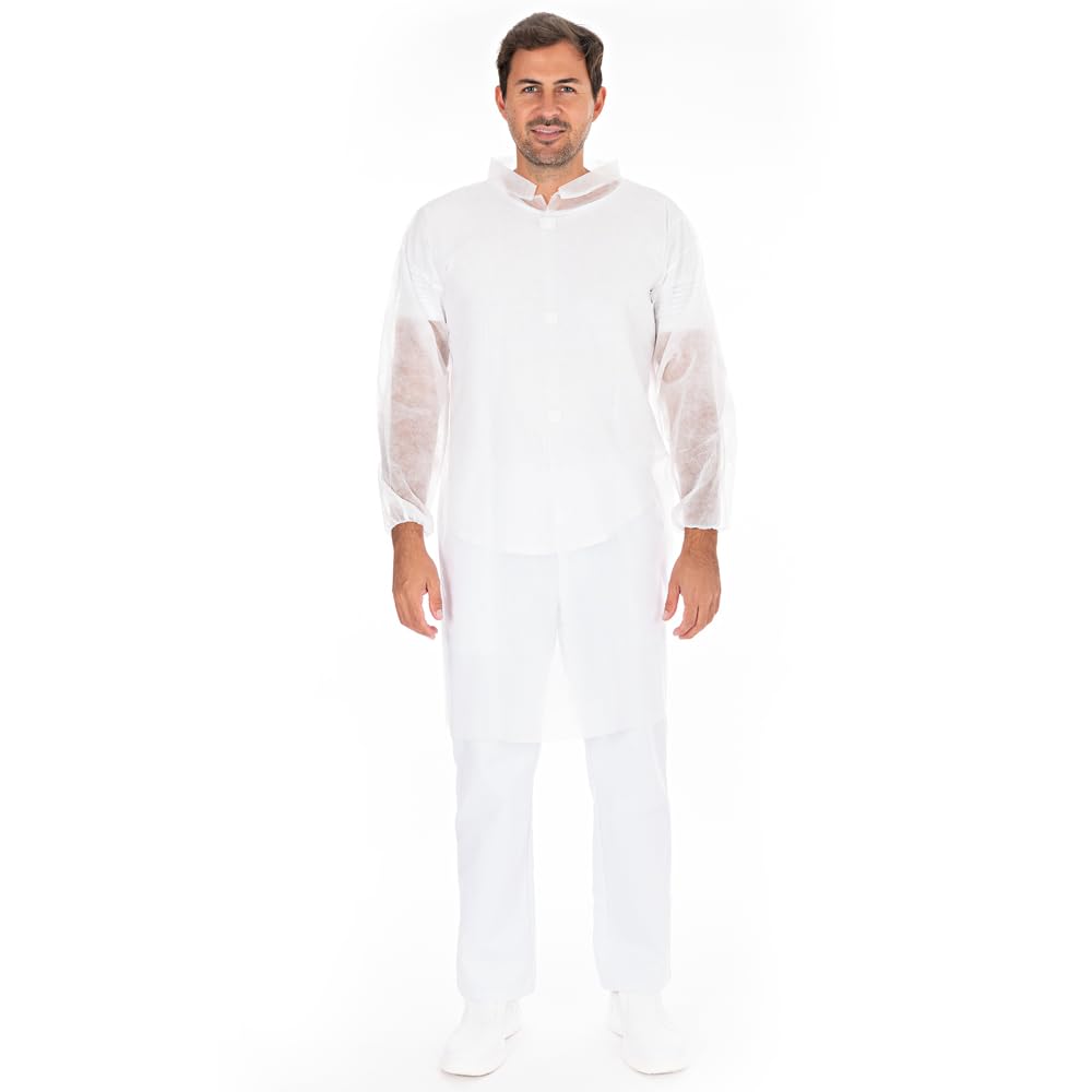 FRANZ MENSCH 100 Stück Hygonorm Besucherkittel Light mit Klettverschluss, Stehkragen | PP, white, XXL, L: 110cm, Umfang: 140cm, Box, Einwegkittel, Einwegkittel, Besucherkittel