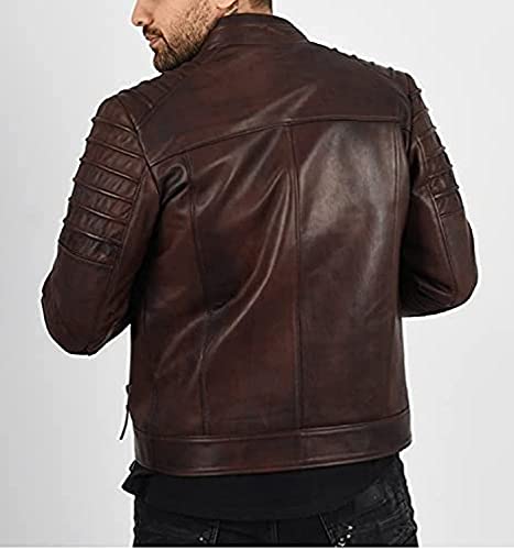 Image of Luis Leather Crampy Brown Genuine Leather Solid Biker Jacket for Men's, lightweight Motorcycle jacket