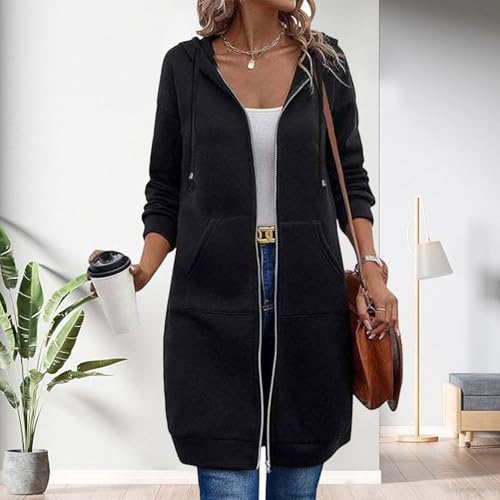 Women Casual Zip up Polyester Hoodies, Women Long Hoodie Tunic with Pockets, Jackets Long Sleeve Sweater Dress3
