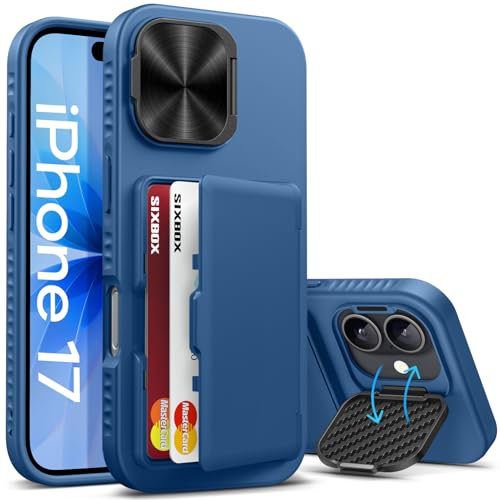 for iPhone 17 Case with Card Holder, Built-in Stand & Camera Lens Cover, Shockproof Rugged Silicone Bumper Raised Edge Protective Wallet Phone Case for iPhone 17 6.3 2025, Blue