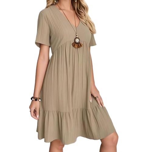 Women's Crinkle Gauze Tiered Dress with V-Neck (US, Alpha, Large, Regular, Regular, Khaki)