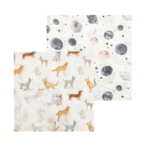 Image of insular Muslin Swaddle Blankets for Boys Girls, 2 Pack Receiving Baby Blanket Large 47 x 47 inches, Soft Breathable Swaddling Wrap for Unisex Newborn, Party Dogs&Space