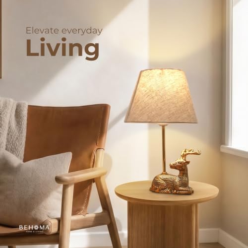 Image of BEHOMA Luxury Deer Figurine Table Lamp with Antique Gold Aluminium Base & Fabric Shade | Elegant Home & Office Decor | Gift for Men, Kids, Housewarming Anniversary & Birthday (Bulb not Included).