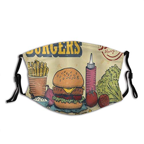 Preisvergleich Produktbild Mundschutz Hamburger Retro handgezeichnete Zutaten Gourmet-Geschmack Köstliche Fast-Food-Sturmhaube Wiederverwendbare Gesichtsschal-Bandanas mit 2 Filtern
