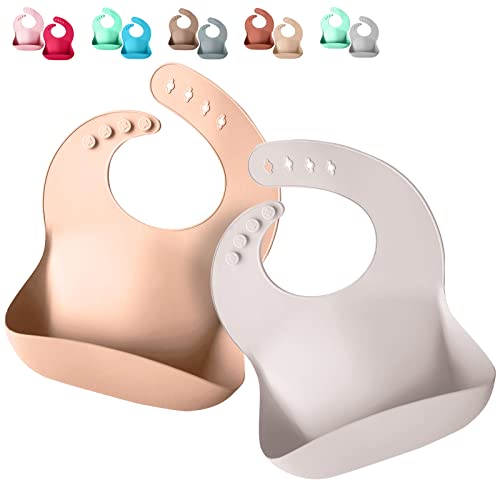 Image of Sperric Silicone Baby Bibs - Soft Silicone Bib with Food Catcher and Waterproof Material - Adjustable Fit for Baby and Toddler (Rose Quartz & Sand)