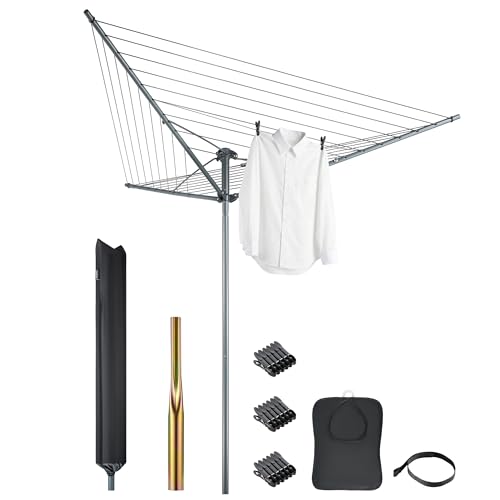 VonHaus 30m Rotary Washing Line 3 Arm Outdoor Clothes Airer with Collapsible Umbrella System 360 Rotary Airer Line Tension Adjustment 35mm Metal Ground Spike Non-Slip Clothesline Weatherproof