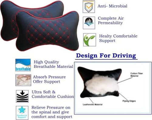 DETACHI Faux Leather Car Neck Rest Pillow/Cushion Set of Pillows Compatible with All Cars (Black, with RED Embroidery) - Pack of 2 Pieces (Image - 5)