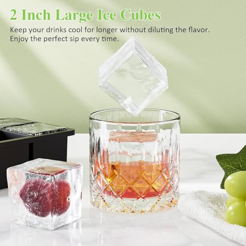 Image of Large Ice Cube Tray for Whiskey: Silicone Ice Cube Trays with Lid - 2Pack Big Square Old Fashioned Ice Cube Maker for Cocktail - 2inch Huge Cubed Ice Trays (Black+Green+Blue(3pack)(6 Grid))