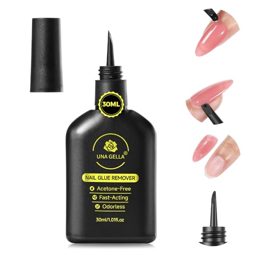 UNA GELLA Press On Nail Glue Remover Built-in-crowbar 30ML Acetone-Free Gentle Soak Off Gel Nail Glue Polish Remover for Nail Tip Adhesive Glue Easily Home DIY Not for U/V Nail Polish