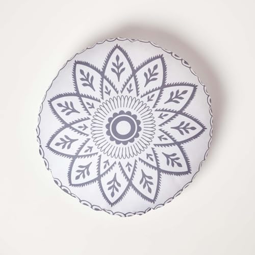 Homescapes 2er-Set runde Kissen Henna grau-weiß, Outdoor Kissen Mandala mit Füllung, Gartenkissen rund 40 cm