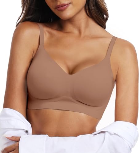 OEAK Womens Wireless Bras Comfortable Push Up Bra No Underwire Bra Full Support Lift Bralette Everyday Seamless Tshirt Bras Coffee M