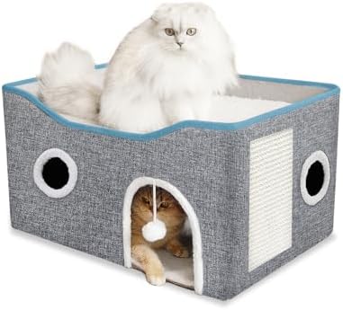 Cat Houses for Indoor Cats, Large Cat Beds and Furniture with Fluffy Ball and Scratch Pad, Foldable Cat Cave for Multi Small Pet Kitten Rabbit