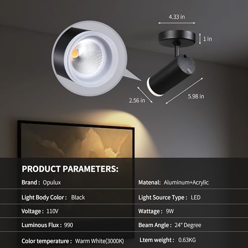 Image of 9W LED Ceiling Spotlight Indoor - Adjustable Surface Accent Lamp for Corridor, Living Room, Warm White 3000K, CRI 97, Anti-Glare Picture Artwork Spot Light, Black Finish