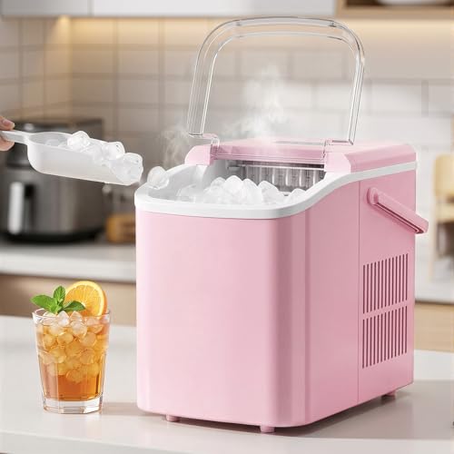 Ice Maker Portable Ice Makers Countertop with Handle Basket & Scoop 26Lbs/24Hrs 9 Bullet Ice Cubes in 6 Mins 2 Ice Sizes Self-Cleaning Quiet Compact Ice Machine for Home Kitchen Party Pink