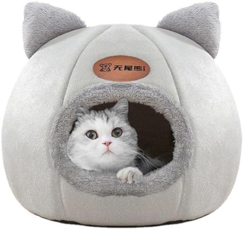 Cat Bed Cave With Dome Shape - Soft Plush Premium Cotton No Deformation Cave, Lightweight Portable Bed, House for Indoor Kitten and Small Dog, Grey(L)