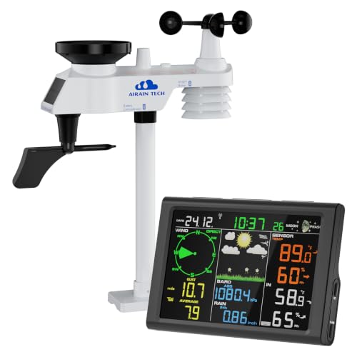 AIRAIN TECH Wireless Weather Station with Outdoor Wireless Sensor,Radio Controlled Clock,Rain Gauge,Wind Speed/Direction,Moon Phase, Barometer,Temperature/Humidity,Weather Forecast (NO WiFi)