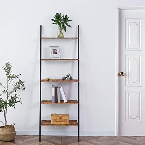HOOBRO Ladder Shelf, 5-Tier Sloping Bookshelf, Industrial Plant Flower Stand Shelves, Leaning-Against-Wall Storage Rack for Living Room, Kitchen, Office, Metal Frame, Rustic Brown BF70CJ01