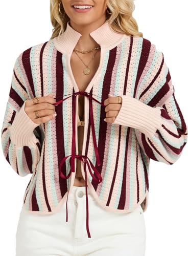 Image of Ladyful Women's Cropped Cardigan Sweater Tie Front Striped Long Sleeve Crochet Tops Fall Trendy Knit Outfits