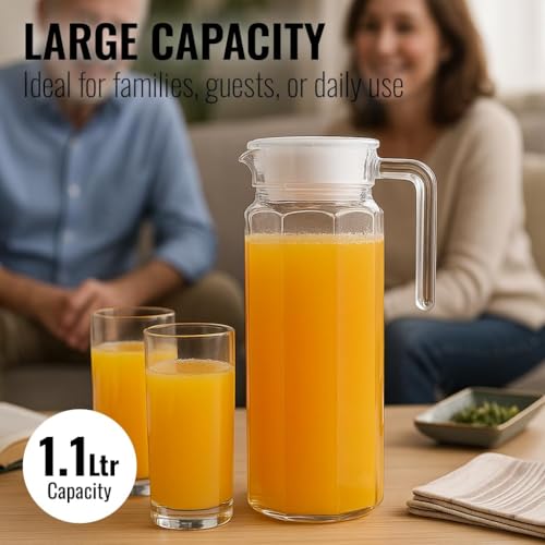 Image of Water Jug - Detox Glass Jugs with Lid for Dining Table - Elegant 1100 ml Transparent Pitcher for Juice, Iced Tea, Infused Water, Milk, Lemonade, Hot & Cold Beverages, Lumo