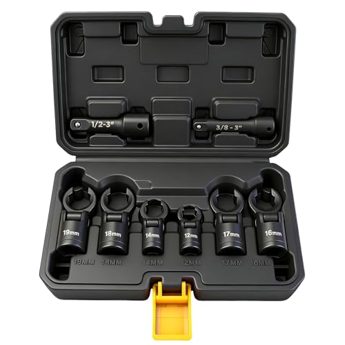 ELEAD 8-Piece Flex Head Crows Foot Wrench Set, Metric 12 14 16 17 18 19 mm with Extension Bar, 3/8' & 1/2' Drive Crowsfoot Line Wrenches Set, Access Fasteners in Tight Spaces