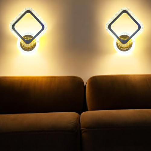 Image of GreyWings Golden LED Wall Light for Home, 3 Color Modes, Warm White, Cool White, Natural White, Modern Acrylic Crystal Wall Lamp for Bedroom, Living Room, Pack of 2