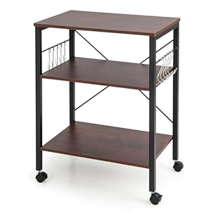 TANGZON 3-Tier Kitchen Baker’s Rack on Lockable Wheels, Metal Frame Rolling Kitchen Storage Cart with 5/10 S-Hooks, Utility Shelves Unit for Home Dining Living Room (2 Adjustable Shelves, Sandy Brown)