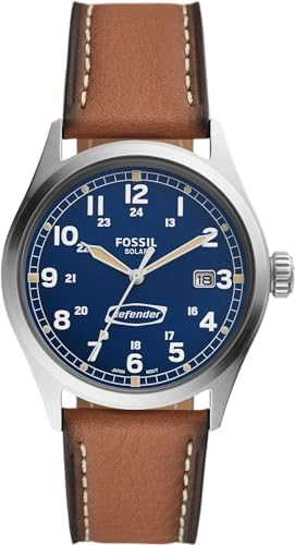 FOSSIL Defender Watch for Men, Solar Powered Three Hand Date with Stainless Steel or Leather Strap