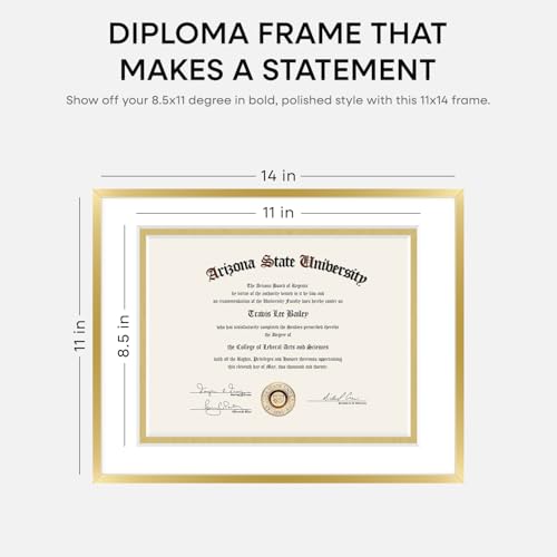 Image of Homeforia 11x14 Diploma Frame Gold, High End Metal 11 x 14 Certificate Frames with Mat 8.5 x 11 inch, 14x11 Document Frame Matted to 8.5x11, Gold Award Degree Frame, Tempered Glass, Wall Kit, Set of 3
