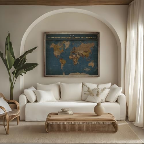Image of DECORARTS - Large Modern Navy Blue World Map Canvas Wall Art, World Maps for Wall Decor, Hand-Stretched Giclee Print, Living Room Home Office Statement Piece, Handcrafted in USA, 35x28''