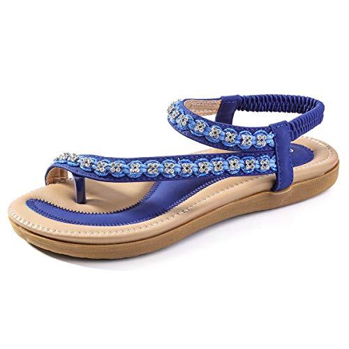 gracosy Damen Sandalen, Sommer Sandals Flach Zehentrenner Böhmischer Stil T-Strap Flats Offene Schuhe Strand Flip Flops Blau 36