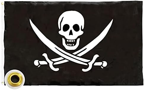 TOPFLAGS Jolly Roger White Skull Rackham Pirate Flag 3x5 Feet, Printed 3 Ply Double Side Pirates Flags with Double Swords and 2 Brass Grommets 4 Stitching Rows Heavy Duty Nylon Outdoor Indoor Banner