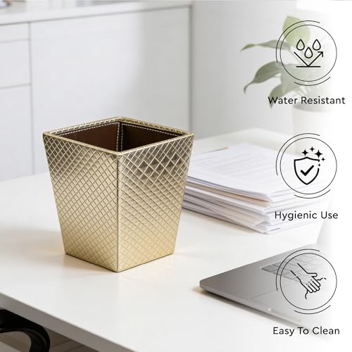 Image of Encasa XO Leather Dustbin for Home | 3 L (15x19 cm)(Small) Waste Bin for Bedroom, Washrooms, Kitchens Office, Hotel | Noise free, Floor Safe Trash Can | Textured Leather Garbage Bin - Light Gold