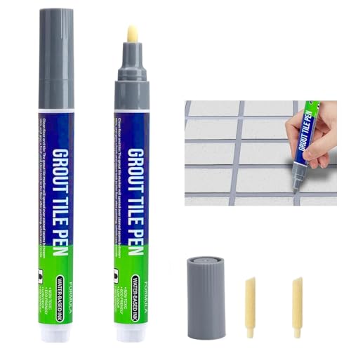 Caelura 2 Stück Fugenstift Grau, Fugenstift mit Ersatzspitze, Fliesenstift Fugenfarbe Wasserfest, Grout Pen, Lackstift Grau für Reparatur von Fliesenfugen in Bad und Küche