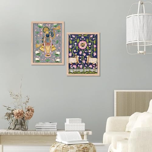 Image of kotart Traditional Indian Wall Art Painting Set of 2 | Kamdhenu Cow Design | MDF Wooden Framed Spiritual Wall Decor for Living Room, Pooja Room & Home (Art 7, 13x17 inch)