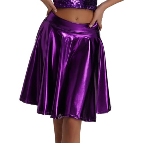 Womens Metallic Skater Skirts Pleated Skirt Performance Costume Stage Costumes Shiny Flared Holographic Skort