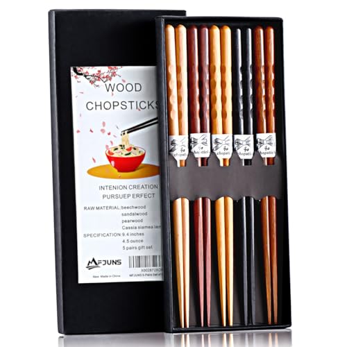 5 Pairs Japanese Minimalist Reusable Chopsticks, 8.8 Inch Non-Slip Natural Wood Set - Ideal for Sushi, Noodles, Rice | Chopsticks Gift Set for Asian Cuisine Lovers