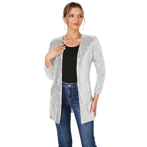 Women's Sequin Jacket Long Sleeve Open Front Blazer Glitter Sparkly Coat Party Casual Cardigan3