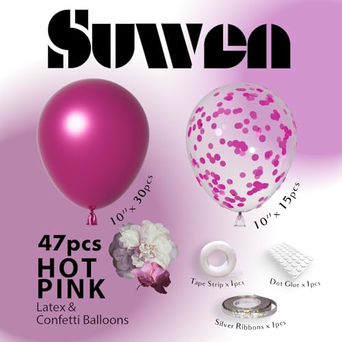 Image of SUWEN Metallic Hot Pink and Confetti Balloons Set 47PCS Magenta Latex | Helium Chrome Balloon for Birthday Valentine Anniversary Party Decorations