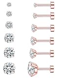 6 Pairs Hypoallergenic Cubic Zirconia Earrings Surgical Steel Flat Back Studs for Cartilage, Screw Back Fashion Jewelry
