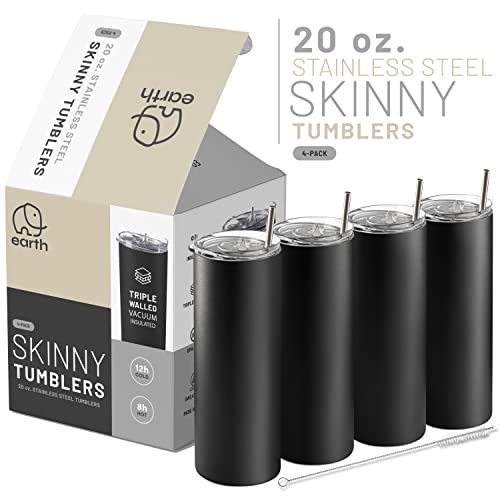 Earth Drinkware Skinny Tumblers (4 Pack) - 20Oz Stainless Steel Double Wall Insulated Tumblers With Lids And Straws | Skinny Travel Mug, Straw Cleaner Included | Blanks For Vinyl Projects - Black #TOP5