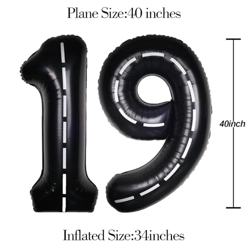 Image of Race Car 40 Inch Black 19 Big Large Helium Balloon Number 0-9 | Track Giant Digital 19th Foil Mylar Party Balloons for Men Birthday Car Theme Party Anniversary Graduation Decorations