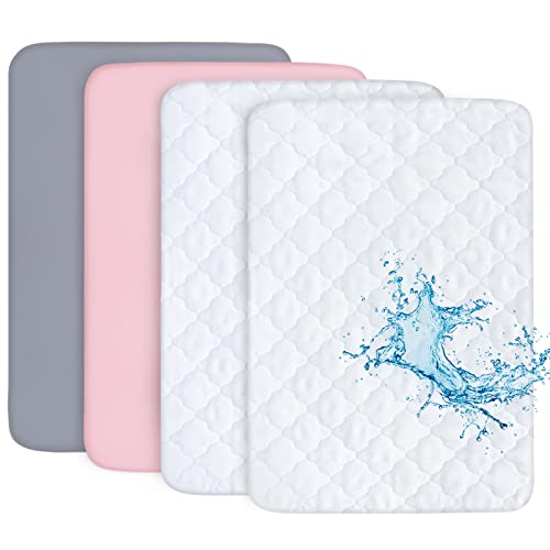 Image of Biloban Pack n Play Sheets and Waterproof Mattress Protector, Grey&Pink, Breathable, Washable, Water Proof, 4 Pack